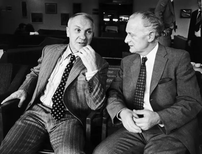 Framed Print : Liverpool manager Bill Shankly talking with former player Tom Finney. Circa 1970