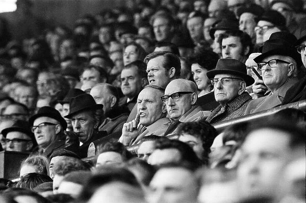 Liverpool manager Bill Shankly watching a game in the stands, April 1971