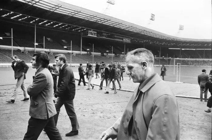 Framed Print : Liverpool manager Bill Shankly at Wembley Stadium to inspect the pitch ahead of his Framed Print : Liverpool manager Bill Shankly at Wembley Stadium to inspect the pitch ahead of his