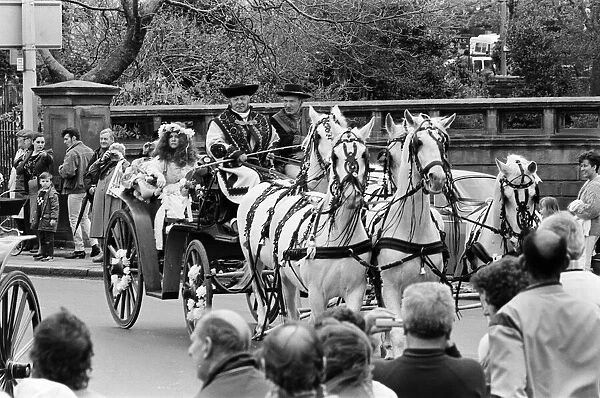 Liverpool May Horse Parade, 10th May 1986. A team of snow white horses, travel in style