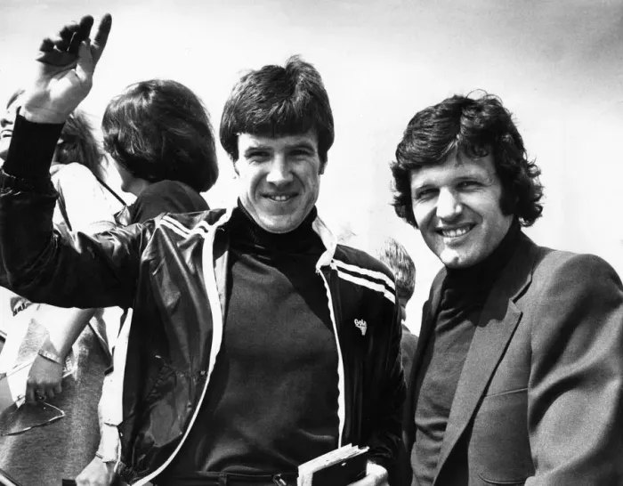 Framed Print : Liverpool player Emlyn Hughes boarding a flight, circa 1973 Framed Print : Liverpool player Emlyn Hughes boarding a flight, circa 1973