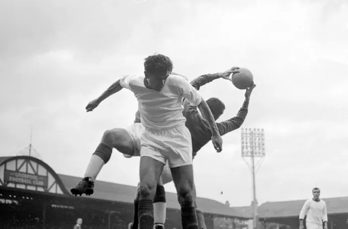 Framed Print : Liverpool players Roger Hunt and Sneddon jump up for the ball with Arsenal goalkeeper Jim Framed Print : Liverpool players Roger Hunt and Sneddon jump up for the ball with Arsenal goalkeeper Jim