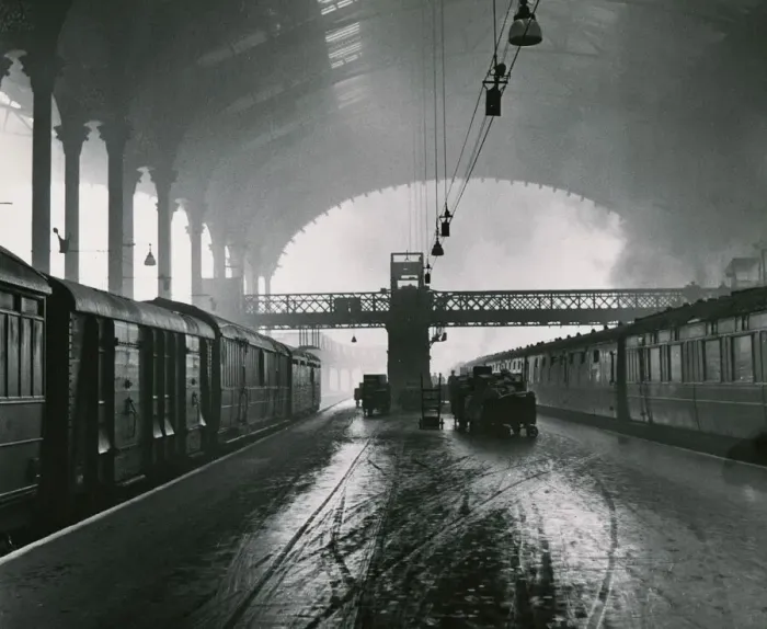 Framed Print : Liverpool Street Station in London The Arched roof is filed with smoke from a steam