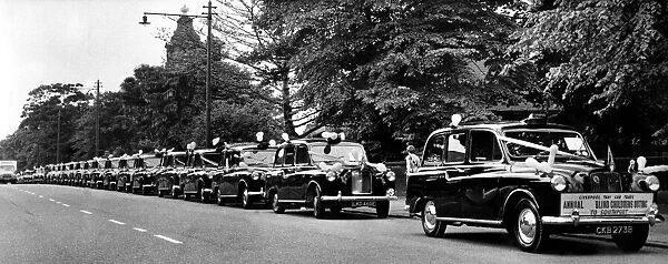 Liverpool taxis wait to take blind children to Southport. Merseyside, 14th September 1972