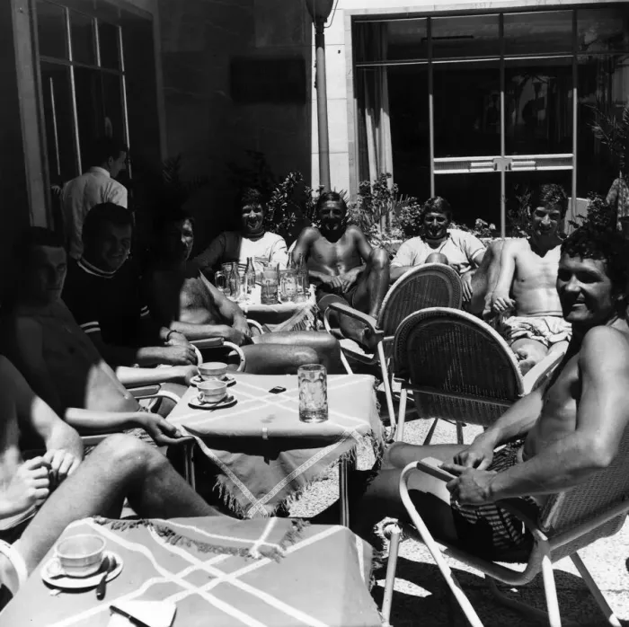 Framed Print : Liverpool Team in Majorca. Time off under the sun for the Liverpool team at a hotel Framed Print : Liverpool Team in Majorca. Time off under the sun for the Liverpool team at a hotel