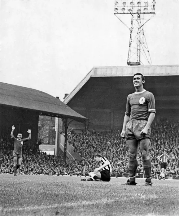 Framed Print : Liverpool v. Newcastle. Tony Hateley stands proudly looking into the goal after scoring Framed Print : Liverpool v. Newcastle. Tony Hateley stands proudly looking into the goal after scoring