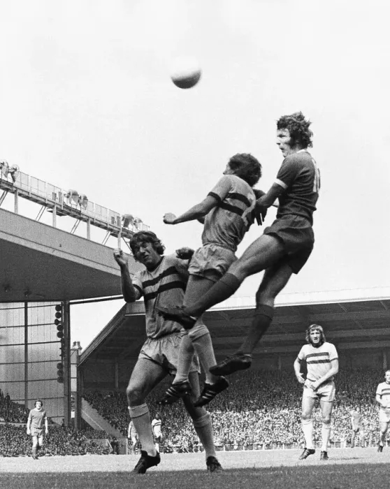 Framed Print : Liverpool v West Ham Liverpools John Toshack climbs above the Hammers defence to head for Framed Print : Liverpool v West Ham Liverpools John Toshack climbs above the Hammers defence to head for