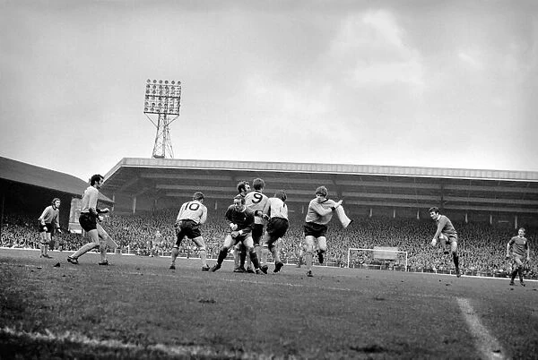 Liverpool v. Wolverhampton Wanderers. Tommy Smith lashes a freekick at the Wolves wall