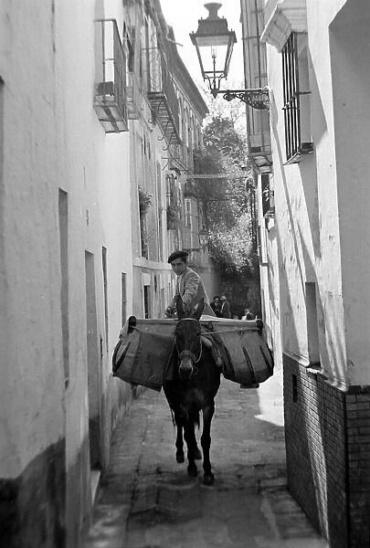 A local man riding on the back of a donkey through the narrow back streets of Seville in