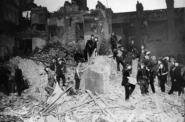 London Blitz, Police, Firemen and Troops search wreckage, June 1942