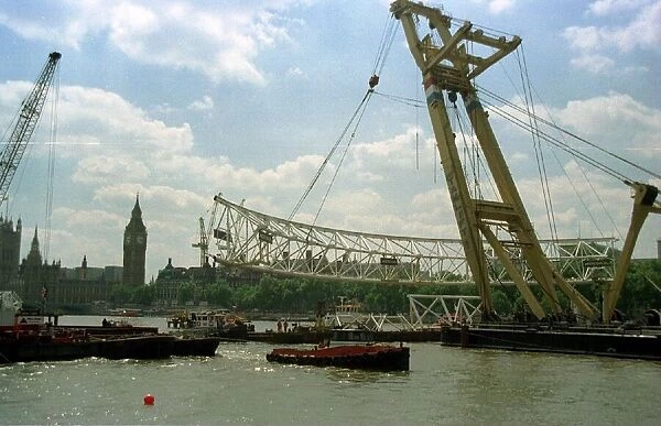 London Eye Wheel Construction work June 1999. First section is put in place