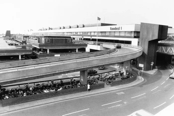 Framed Print : London Heathrow airport view of Terminal 1 and roads around the airport Circa 1984 Framed Print : London Heathrow airport view of Terminal 1 and roads around the airport Circa 1984