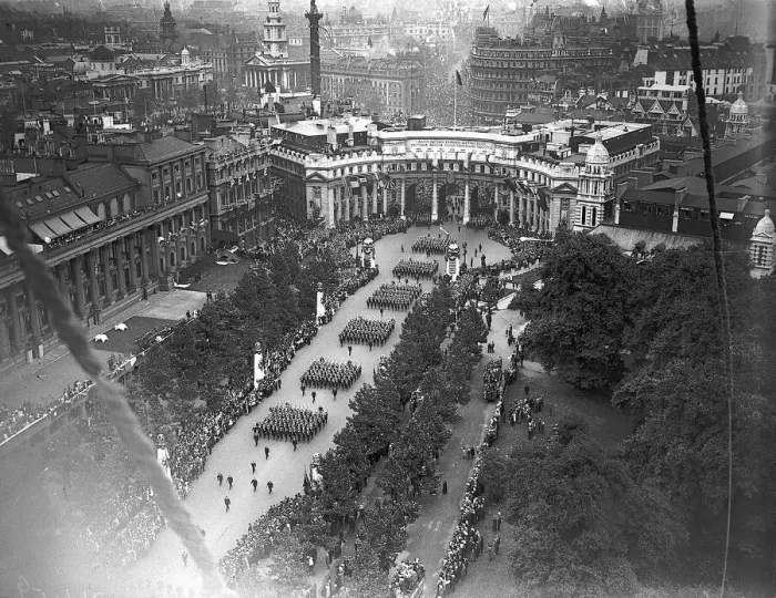 Framed Print : London Victory March Passing Admirality Arch Picture taken from balloon Framed Print : London Victory March Passing Admirality Arch Picture taken from balloon