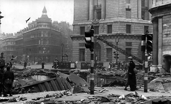 Londons second fire blitz. Huge crater outside the Bank. Circa 1941