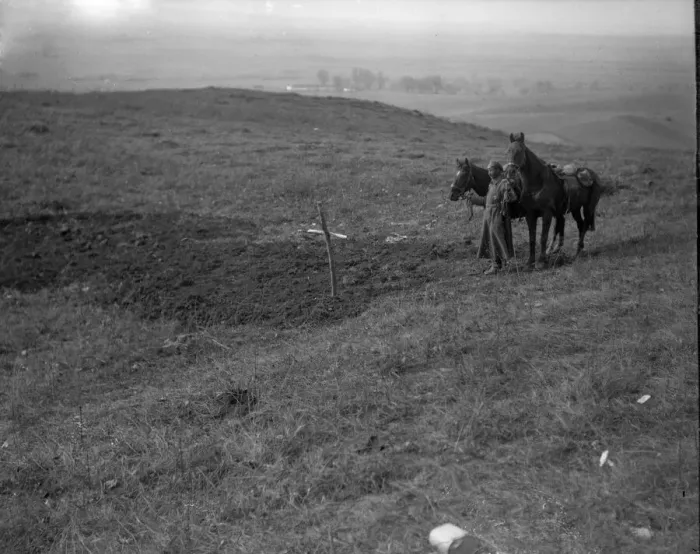 Framed Print : A lone Russian soldier stands by a mass grave in Galicia where the bodies of fifty