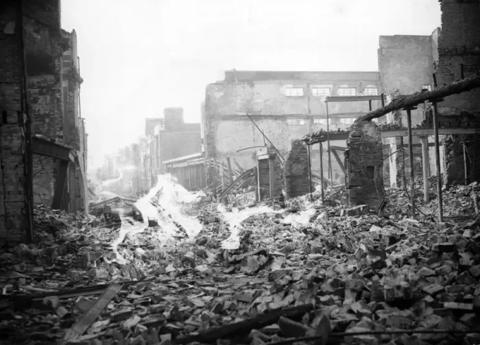 Framed Print : Looking down Oxford Street from Temple Street, Swansea, following the attack by Nazi Framed Print : Looking down Oxford Street from Temple Street, Swansea, following the attack by Nazi