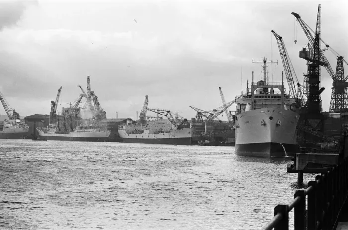 Framed Print : Looking up the Tyne to the ships being fitted out alongside the shipyards. 9th March 1967 Framed Print : Looking up the Tyne to the ships being fitted out alongside the shipyards. 9th March 1967