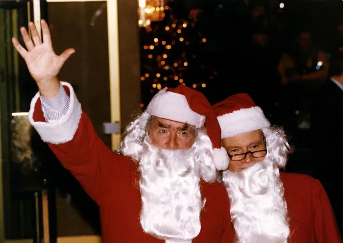 Framed Print : Lord Dennis Healey With Conservative Jeffrey Archer In Santa Claus Costume At Londons Framed Print : Lord Dennis Healey With Conservative Jeffrey Archer In Santa Claus Costume At Londons