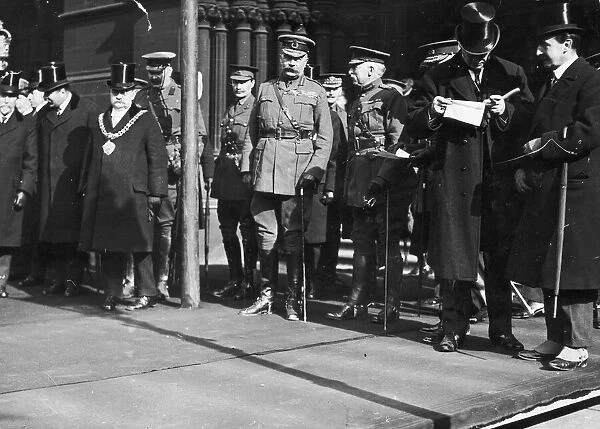 Lord Kitchener (centered) outside the Manchester Town Hall. Circa 1915