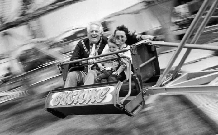 Framed Print : The Lord Mayor of Coventry Councillor Jeff White gets in a spin with three year old