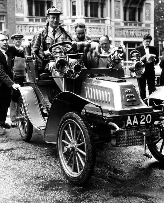 Framed Print : Lord Montagu of Beaulieu July 1958 at the wheel of his car as it is manhandled into Framed Print : Lord Montagu of Beaulieu July 1958 at the wheel of his car as it is manhandled into
