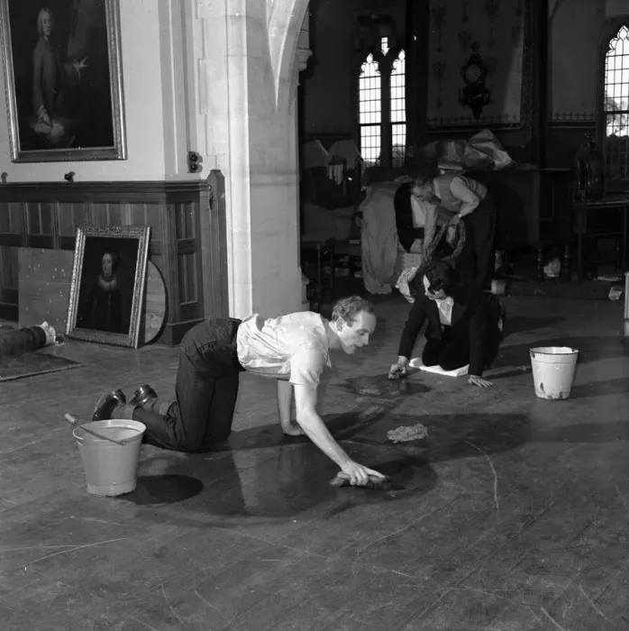 Framed Print : Lord Montagu seen here scrubbing away with a floor brush with an ardour that would excite