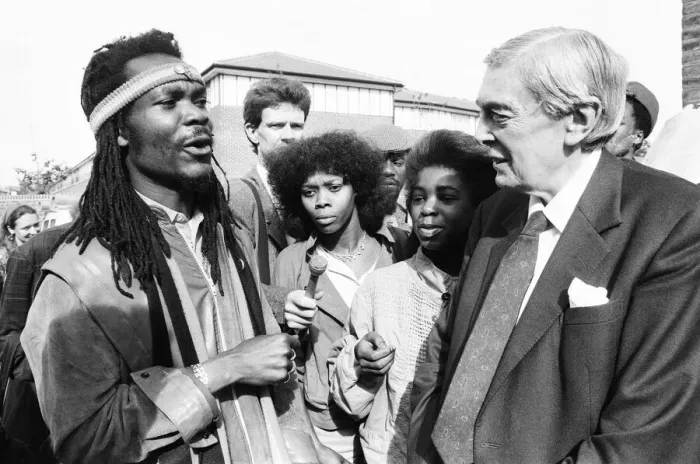 Framed Print : Lord Scarman returns to Brixton, London, Monday 6th October 1986