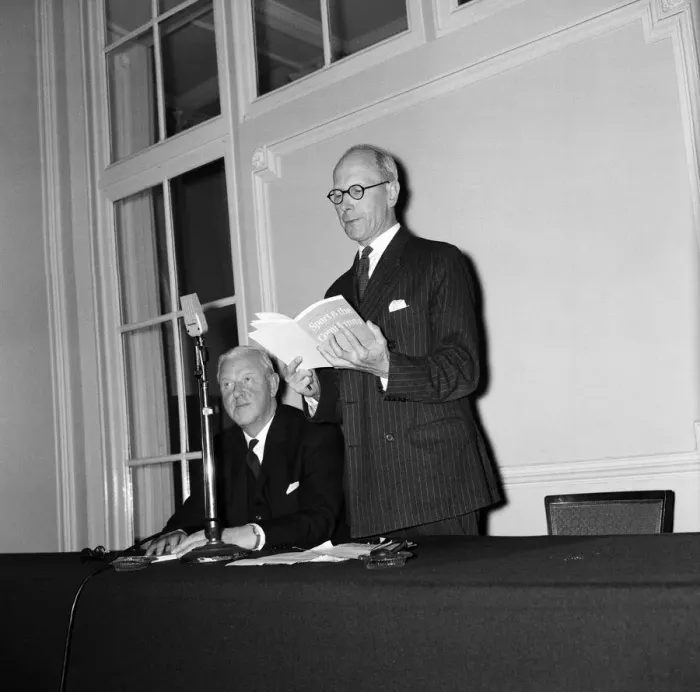 Framed Print : Lord Wolfenden (right) and Sir Stanley Rous of the Football Association meet members of Framed Print : Lord Wolfenden (right) and Sir Stanley Rous of the Football Association meet members of