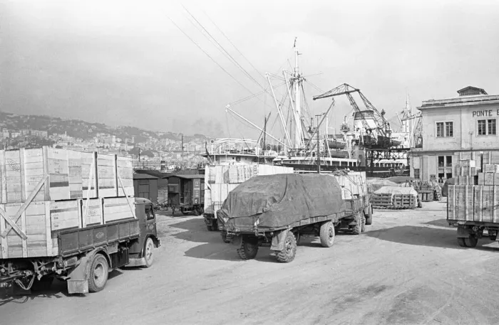 Framed Print : Lorries await to unload at Genoa docks. Circa 1955 Framed Print : Lorries await to unload at Genoa docks. Circa 1955