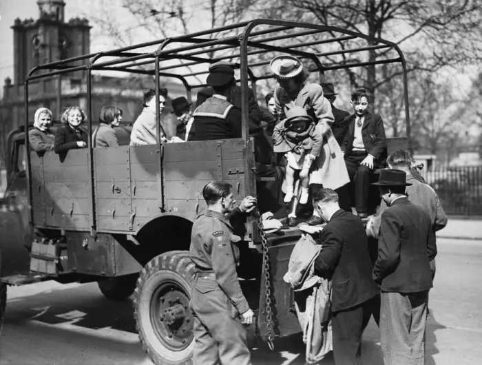 Framed Print : A lorry in Bethnal Green takes workers and school children to Hackney Wick during Framed Print : A lorry in Bethnal Green takes workers and school children to Hackney Wick during