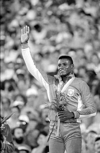 Los Angeles 1984 Carl Lewis celebrates after winning the 200m at the Olympic Games