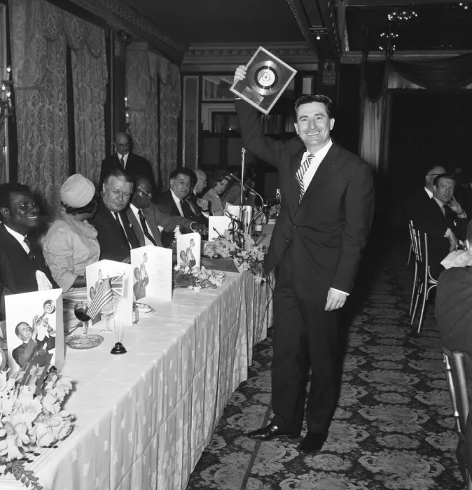 Framed Print : Louis Armstrong presenting Kenny Ball with a golden disc for his single Midnight in Framed Print : Louis Armstrong presenting Kenny Ball with a golden disc for his single Midnight in