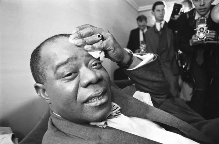 Framed Print : Louis Armstrong seen here giving a press conference at the Mayfair Hotel Framed Print : Louis Armstrong seen here giving a press conference at the Mayfair Hotel