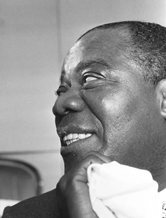 Framed Print : Louis Armstrong seen here giving a press conference at the Mayfair Hotel Framed Print : Louis Armstrong seen here giving a press conference at the Mayfair Hotel