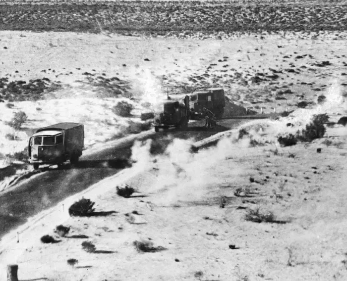 Framed Print : A low level air attack on an enemy column near Benghazi during the Second World War Framed Print : A low level air attack on an enemy column near Benghazi during the Second World War