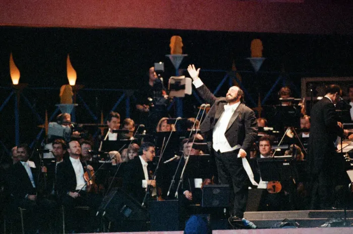 Framed Print : Luciano Pavarotti, the Italian operatic tenor, singing at an outdoor concert in Framed Print : Luciano Pavarotti, the Italian operatic tenor, singing at an outdoor concert in