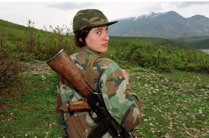 Framed Print : Luljeta Gashi of the Kosovo Liberation Army KLA April 1999 Female soldier with a