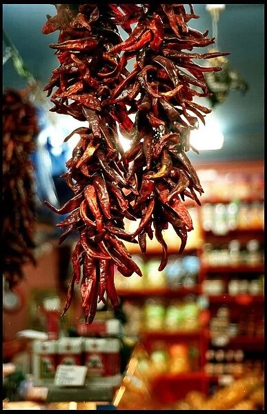 Lupe Pintos Deli October 1998 chillies hanging in shop owned by Doug Bell