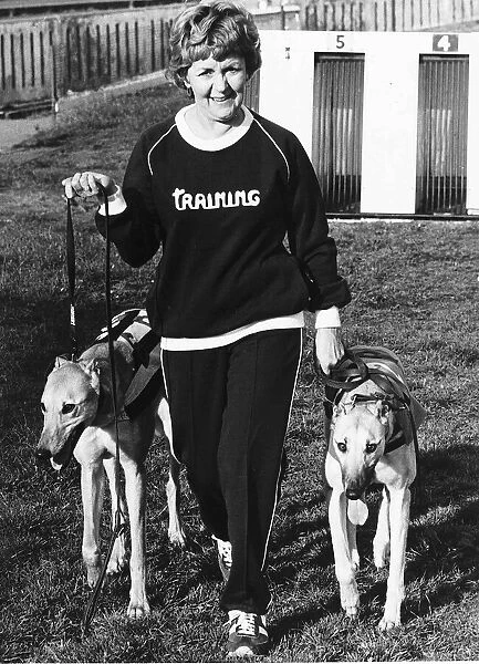 Lynne Perrie Actress pictured with her two Greyhounds June 1980