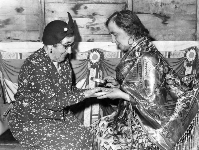 Framed Print : Madame Zara gives some interesting news to a visitor to her tent at Guisborough British