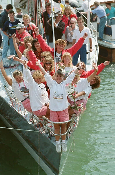 Maiden returns to the UK. 28th May 1990. Skipper Tracy Edwards stands at