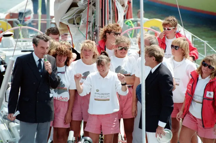 Framed Print : Maiden returns to the UK. 28th May 1990. Skipper Tracy Edwards stands Framed Print : Maiden returns to the UK. 28th May 1990. Skipper Tracy Edwards stands