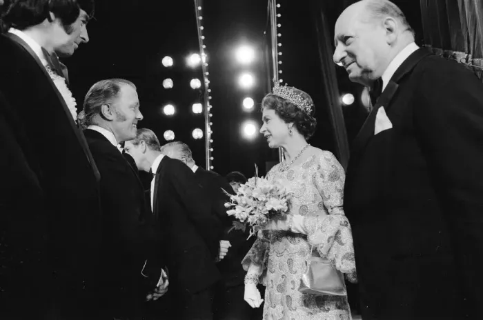 Framed Print : Her Majesty Queen Elizabeth II, escorted by Media mogul Lew Grade (right) Framed Print : Her Majesty Queen Elizabeth II, escorted by Media mogul Lew Grade (right)