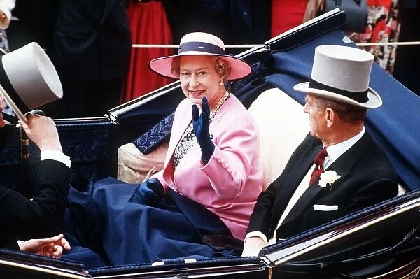 Her Majesty Queen Elizabeth II at Royal Ascot, accompanied by her husband Prince Philip