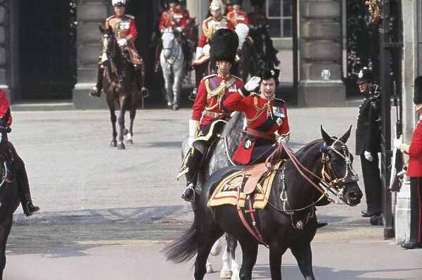 Her Majesty Queen Elizabeth II takes the salute on Horse Guards Parade