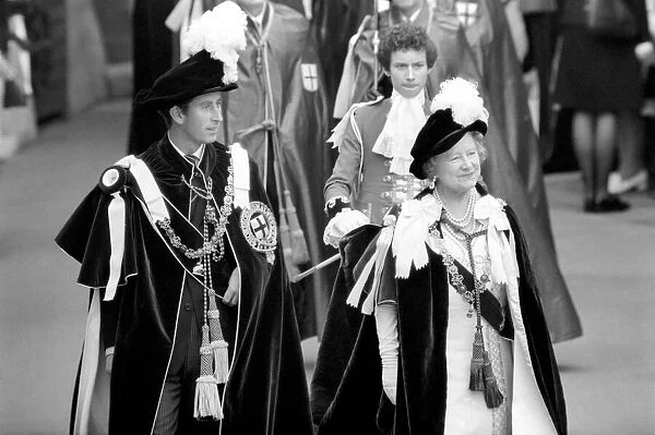 Her Majesty Queen Elizabeth the Queen Mother accompanied by Prince Charles at Winsdor
