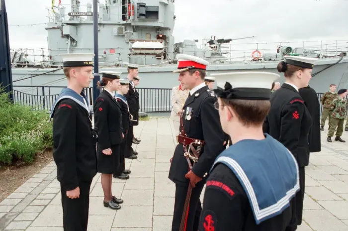 Framed Print : Major Andrew Milne inspects members of the Sea Cadets at the TS Kellington on the Tees