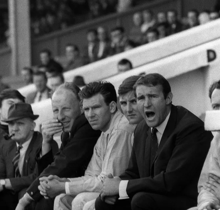 Framed Print : Malcolm Allison sits on the Manchester City bench for the first time as Joe Mercer sits Framed Print : Malcolm Allison sits on the Manchester City bench for the first time as Joe Mercer sits