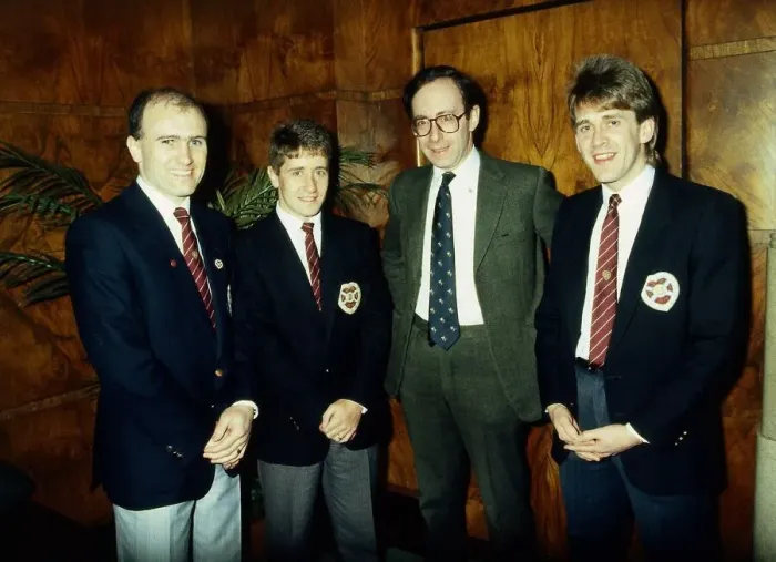 Framed Print : Malcolm Rifkind & Hearts football players February 1989 Framed Print : Malcolm Rifkind & Hearts football players February 1989