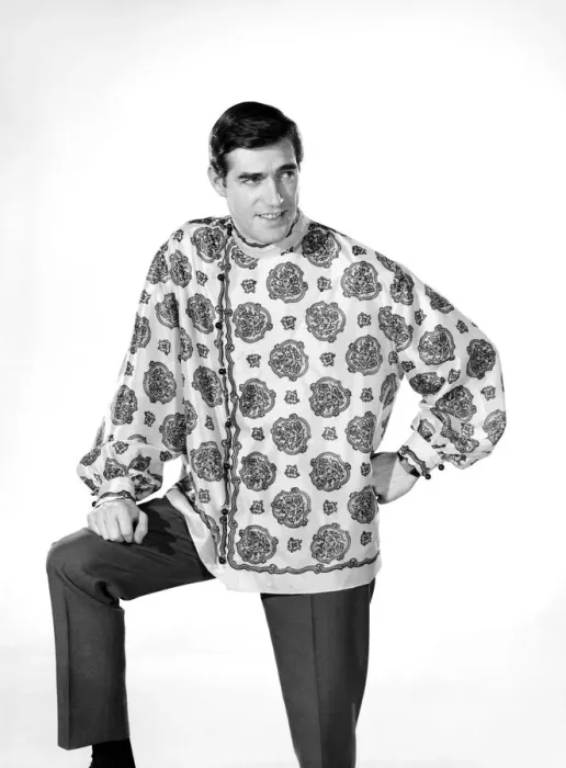 Framed Print : Male model Peter Christian wearing silk shirt. Circa 1964 Framed Print : Male model Peter Christian wearing silk shirt. Circa 1964